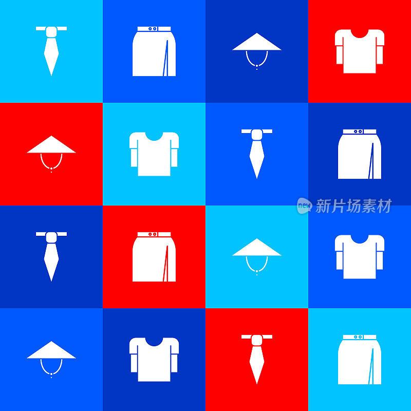 Set Tie, Skirt, Asian conical hat and Long sleeve shirt icon. Vector